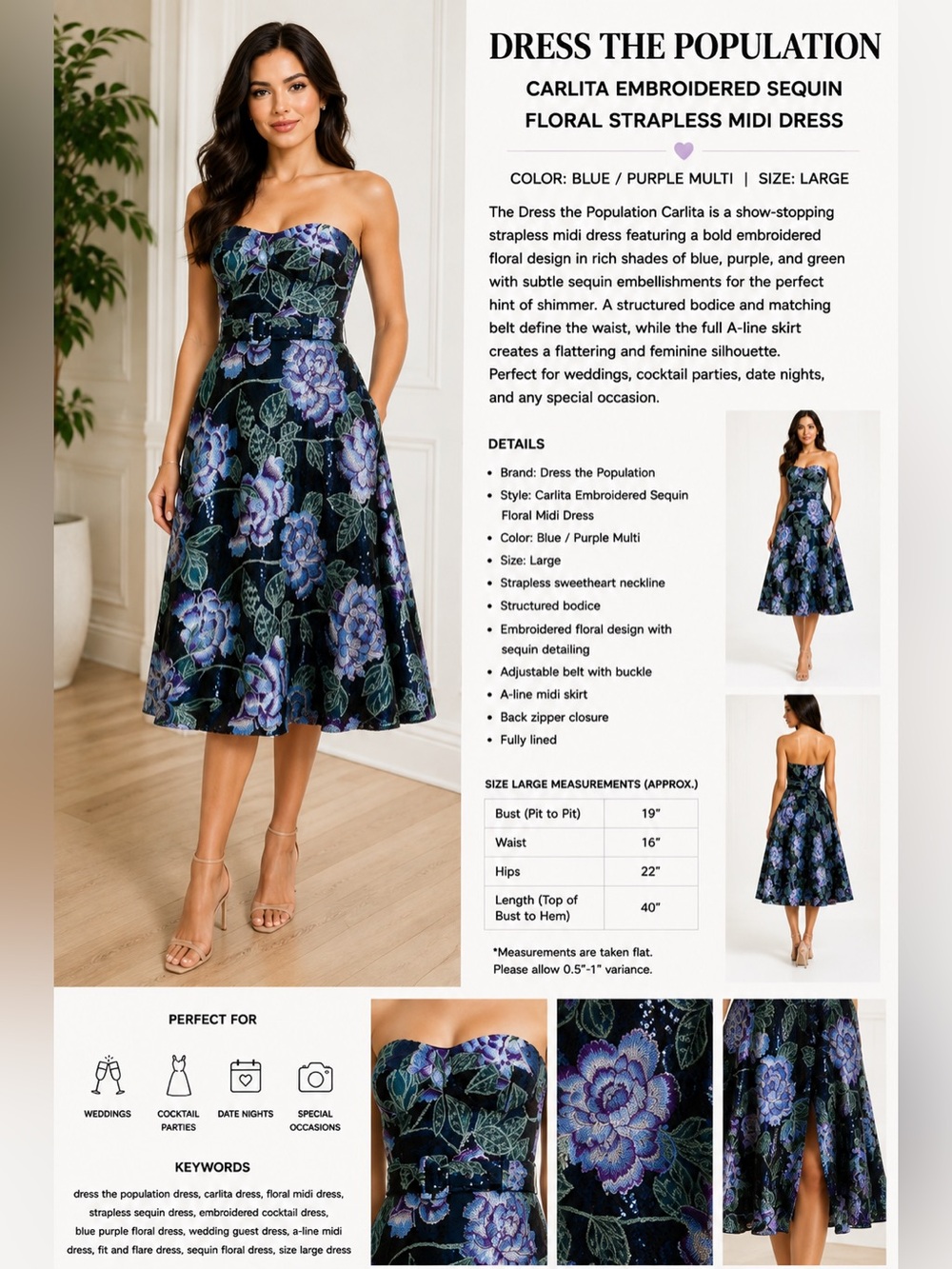 Dress the Population Carlita Floral Sequin Strapless Midi Dress Blue Purple Larg
